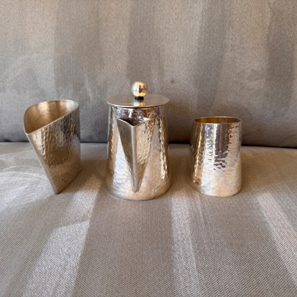 Michael Aram Silver plated Hammered Coffee / Teapot Sugar Bowl & Creamer - Picture 7 of 13